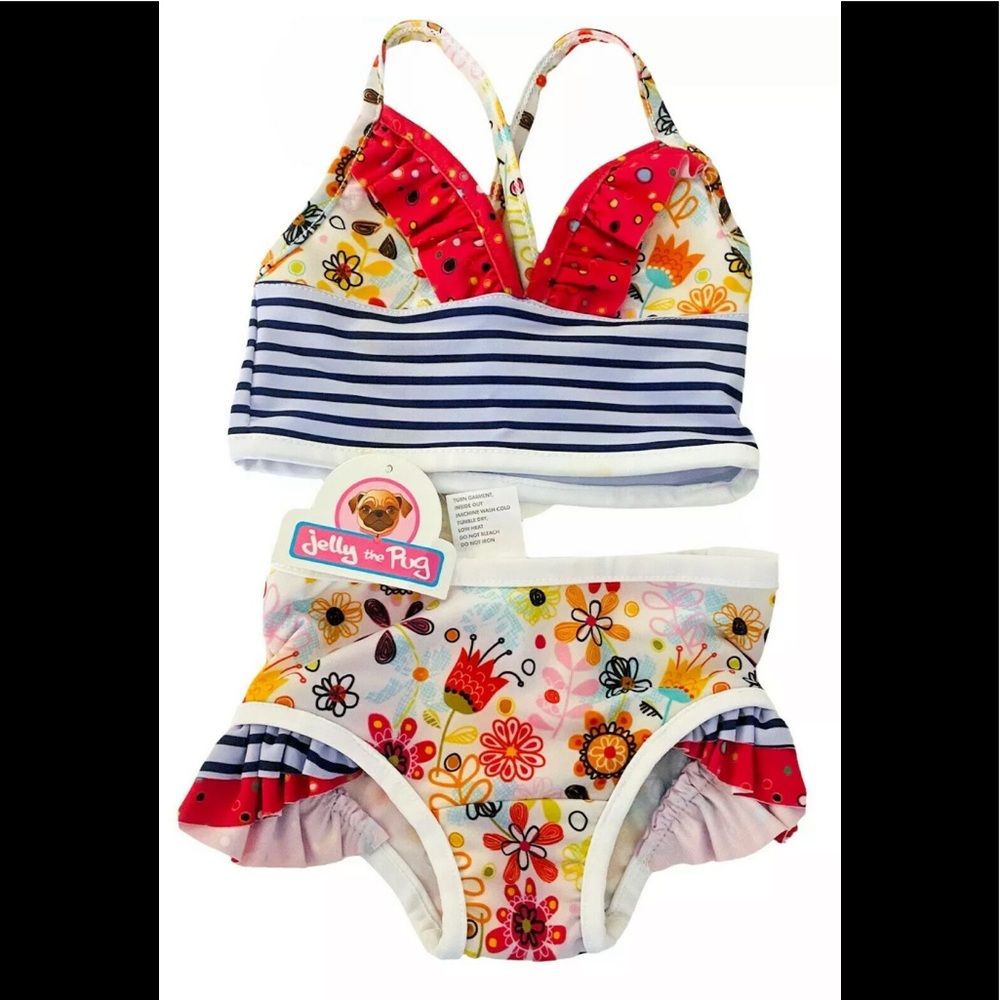 NWT Girl's JELLY THE PUG 2-Piece Tankini Swimsuit Bikini 2T Ruffle Details